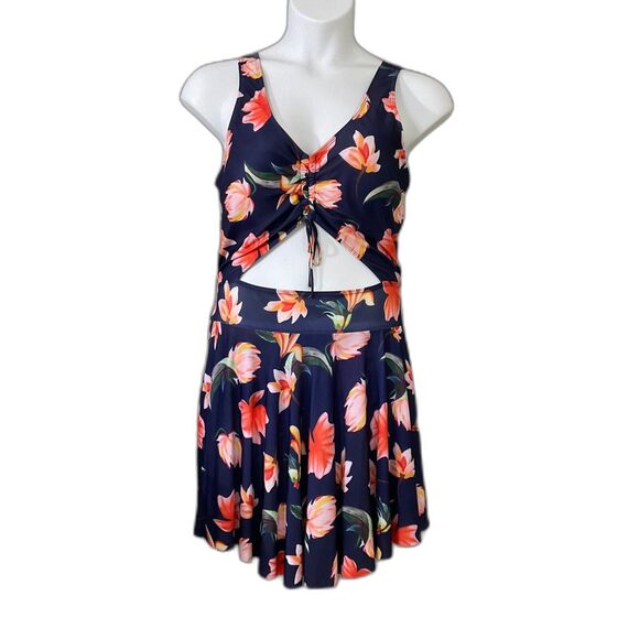 Esprlia Bathing Suit 1 Pc Plus Size 2XL Soft Cup Full Skirt Cut Out Floral Print - Picture 1 of 15